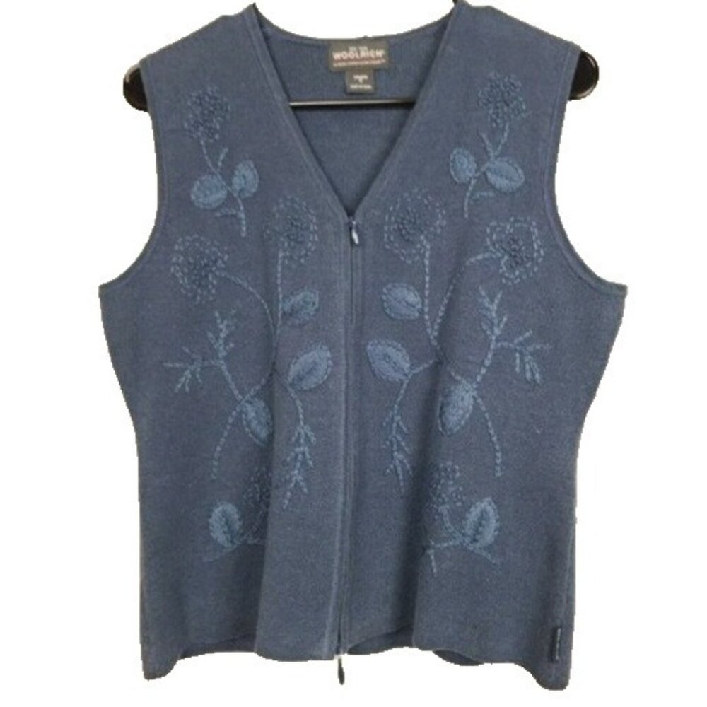 Woolrich Sweater‎ Vest Womens Medium Navy Wool Blend Floral Embroidered BOHO